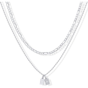 PAVOI 14K Gold Plated Initial Letter Double Dog Tag Pendant Necklace | Dainty Cubic Zirconia Letter Tag Round Box Chain Necklaces for Women(- H)