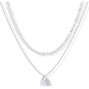 PAVOI 14K Gold Plated Initial Letter Double Dog Tag Pendant Necklace | Dainty Cubic Zirconia Letter Tag Round Box Chain Necklaces for Women(- J)
