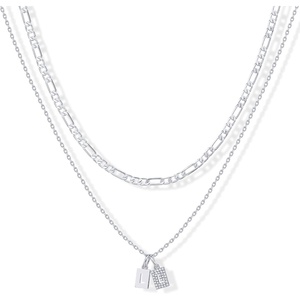 PAVOI 14K Gold Plated Initial Letter Double Dog Tag Pendant Necklace | Dainty Cubic Zirconia Letter Tag Round Box Chain Necklaces for Women(- L)