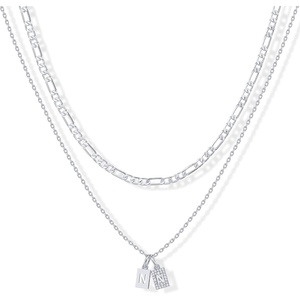 PAVOI 14K Gold Plated Initial Letter Double Dog Tag Pendant Necklace | Dainty Cubic Zirconia Letter Tag Round Box Chain Necklaces for Women(- N)