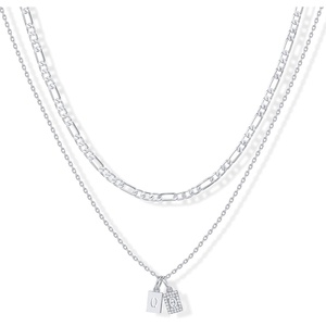 PAVOI 14K Gold Plated Initial Letter Double Dog Tag Pendant Necklace | Dainty Cubic Zirconia Letter Tag Round Box Chain Necklaces for Women(- O)