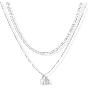 PAVOI 14K Gold Plated Initial Letter Double Dog Tag Pendant Necklace | Dainty Cubic Zirconia Letter Tag Round Box Chain Necklaces for Women(- P)