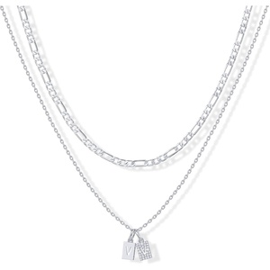 PAVOI 14K Gold Plated Initial Letter Double Dog Tag Pendant Necklace | Dainty Cubic Zirconia Letter Tag Round Box Chain Necklaces for Women(- V)