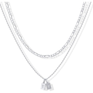 PAVOI 14K Gold Plated Initial Letter Double Dog Tag Pendant Necklace | Dainty Cubic Zirconia Letter Tag Round Box Chain Necklaces for Women(- Y)