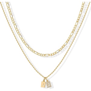 PAVOI 14K Gold Plated Initial Letter Double Dog Tag Pendant Necklace | Dainty Cubic Zirconia Letter Tag Round Box Chain Necklaces for Women(Elegant)