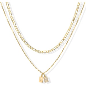 PAVOI 14K Gold Plated Initial Letter Double Dog Tag Pendant Necklace | Dainty Cubic Zirconia Letter Tag Round Box Chain Necklaces for Women(Gold plated pendant necklace with cubic zirconia stones and a Singapore chain)