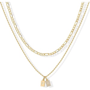 PAVOI 14K Gold Plated Initial Letter Double Dog Tag Pendant Necklace | Dainty Cubic Zirconia Letter Tag Round Box Chain Necklaces for Women(Minimalist Gold Pendant with Cubic Zirconia)