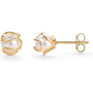 PAVOI 14K Gold Plated Round Caged Small Pearl Stud Earrings – Trendy Gold Pearl Earrings for Women – Hypoallergenic Classic Bride Jewelry(Yellow Gold)