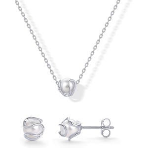 PAVOI 14K Gold Plated Round Shell Pearl Jewelry Set for Women – Gold Pearl Necklace and Earring Set with Pendant Necklace and Caged Stud Earrings Pack(White Gold)