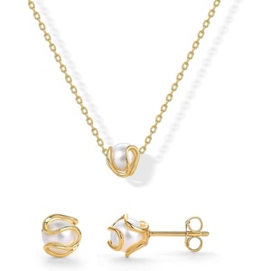 PAVOI 14K Gold Plated Round Shell Pearl Jewelry Set for Women – Gold Pearl Necklace and Earring Set with Pendant Necklace and Caged Stud Earrings Pack(Yellow Gold)