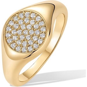 PAVOI 14K Gold Plated Signet Ring for Women – Pinky Ring with Round Cubic Zirconia – Dainty Lightweight Thin Statement Jewelry(Yellow Gold)