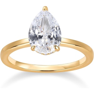 PAVOI 14K Gold Plated Simple 2.5CT Pear Cubic Zirconia Hidden Halo Eternity Ring Bridal Wedding Promise Statement – Engagement Ring for Women(Yellow Gold)