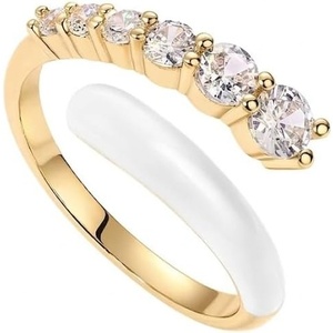 PAVOI 14K Gold Plated Stackable Rings for Women | Open Twist Wavy Colored Enamel and Cubic Zirconia Rings | Enamel Eternity Bands(Yellow Gold – White Enamel)