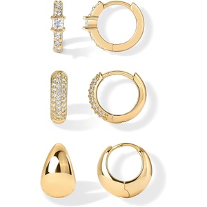 PAVOI 18K Gold Plated 925 Sterling Silver Posts Three Pairs Huggie Hoop Earrings for Women – Triple Gold Hoop Earring Pack with Cubic Zirconia – Hypoallergenic Chunky Dome Pave Huggie Piercing Statement Jewelry Set(Yellow Gold)