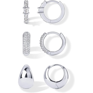 PAVOI 18K Gold Plated 925 Sterling Silver Posts Three Pairs Huggie Hoop Earrings for Women – Triple Gold Hoop Earring Pack with Cubic Zirconia – Hypoallergenic Chunky Dome Pave Huggie Piercing Statement Jewelry Set(White Gold)