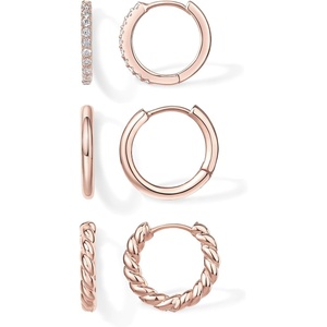 PAVOI Gold Hoop Earrings for Women – 14K-18K Yellow Gold Plated 925 Sterling Silver – Hypoallergenic 3-Pair Small Hoop Earings Set with Cubic Zirconia – Rope Teardrop & Chunky Huggie Styles Earscape Piercings(Rose Gold)