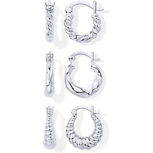 PAVOI Gold Hoop Earrings for Women – 14K-18K Yellow Gold Plated 925 Sterling Silver – Hypoallergenic 3-Pair Small Hoop Earings Set with Cubic Zirconia – Rope Teardrop & Chunky Huggie Styles Earscape Piercings(White Gold)