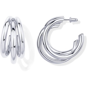 PAVOI Gold Hoop Earrings for Women – 14k Gold Plated Chunky Triple Split Loop Huggie Earrings | Hypoallergenic Statement Jewelry | Trendy Multi Hoop Design(White Gold)