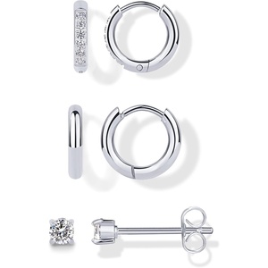 PAVOI Waterproof Huggie Hoop Earrings Set for Women – Stainless Steel Pack of 3 with Cubic Zirconia – Huggie Hoops, Stud & Luxe Styles – Trendy Fashion Piercing Jewelry(White Gold)