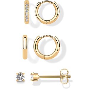 PAVOI Waterproof Huggie Hoop Earrings Set for Women – Stainless Steel Pack of 3 with Cubic Zirconia – Huggie Hoops, Stud & Luxe Styles – Trendy Fashion Piercing Jewelry(Yellow Gold)