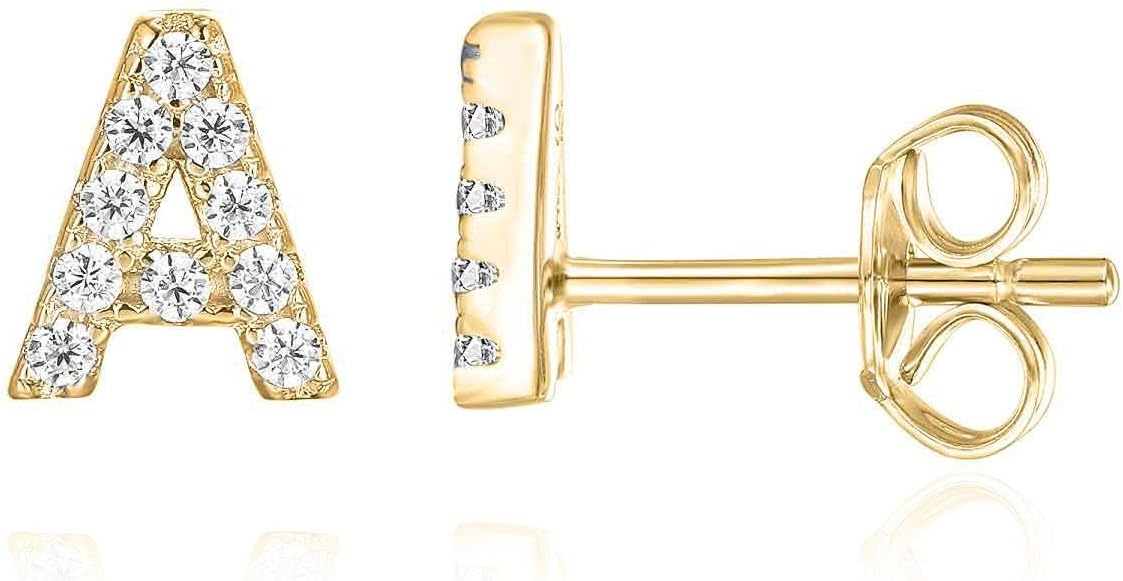 image:imagePAVOI 14K Gold Plated 925 Sterling Silver Cubic Zirconia Initial Letter Stud Earrings for Women Simulated Diamond Alphabet Letter Earrings A