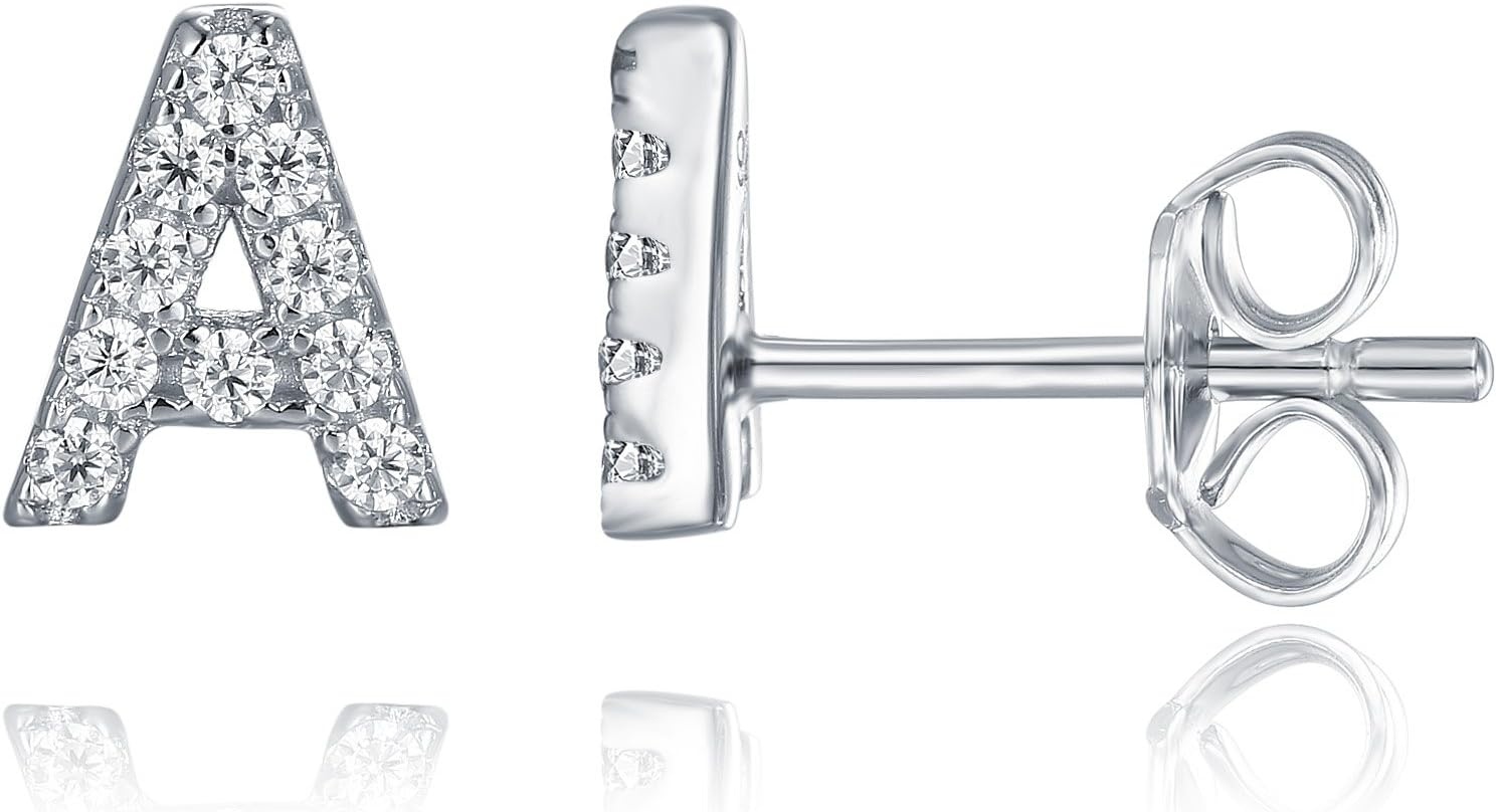 image:imagePAVOI 14K Gold Plated 925 Sterling Silver Cubic Zirconia Initial Letter Stud Earrings for Women Simulated Diamond Alphabet Letter Earrings A