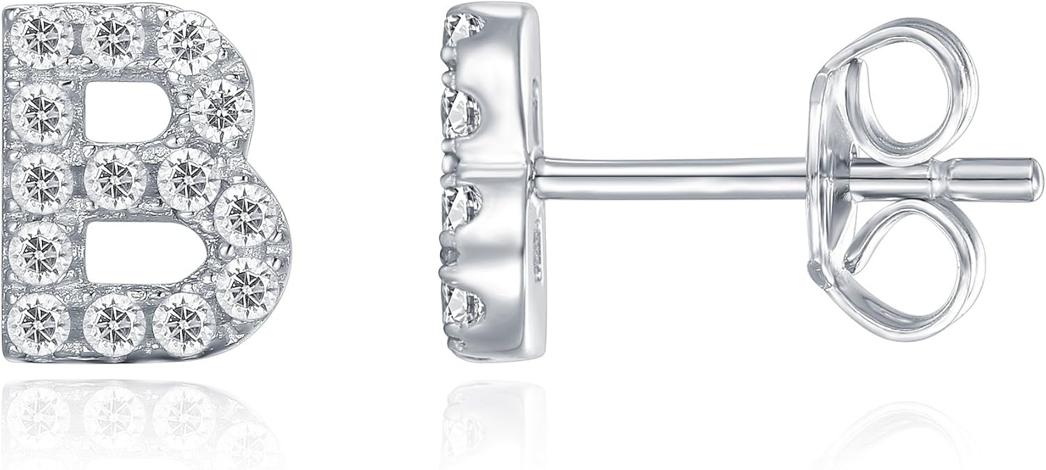 image:imagePAVOI 14K Gold Plated 925 Sterling Silver Cubic Zirconia Initial Letter Stud Earrings for Women Simulated Diamond Alphabet Letter Earrings B