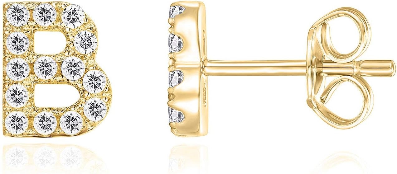 image:imagePAVOI 14K Gold Plated 925 Sterling Silver Cubic Zirconia Initial Letter Stud Earrings for Women Simulated Diamond Alphabet Letter Earrings B