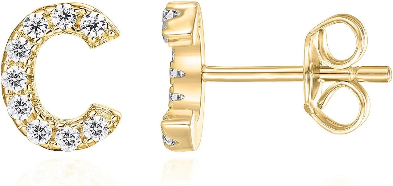 image:imagePAVOI 14K Gold Plated 925 Sterling Silver Cubic Zirconia Initial Letter Stud Earrings for Women Simulated Diamond Alphabet Letter Earrings C