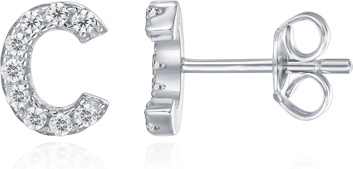 image:imagePAVOI 14K Gold Plated 925 Sterling Silver Cubic Zirconia Initial Letter Stud Earrings for Women Simulated Diamond Alphabet Letter Earrings C