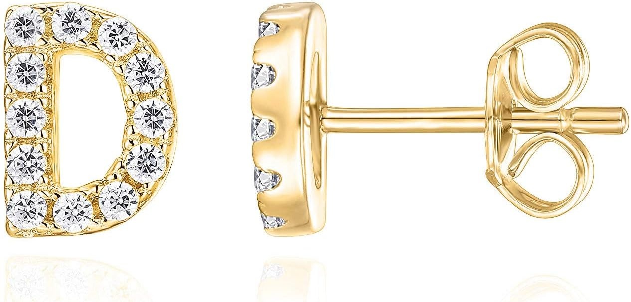 image:imagePAVOI 14K Gold Plated 925 Sterling Silver Cubic Zirconia Initial Letter Stud Earrings for Women Simulated Diamond Alphabet Letter Earrings D