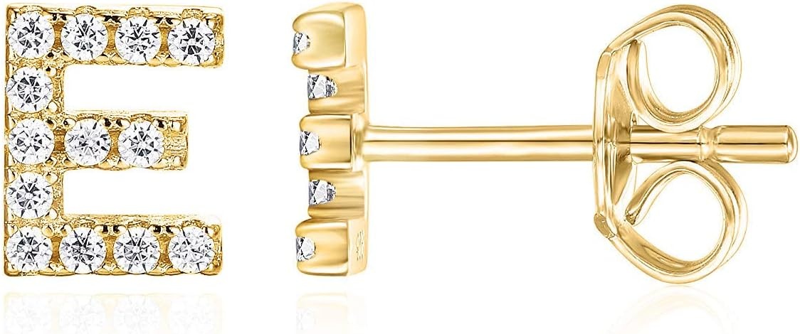 image:imagePAVOI 14K Gold Plated 925 Sterling Silver Cubic Zirconia Initial Letter Stud Earrings for Women Simulated Diamond Alphabet Letter Earrings E