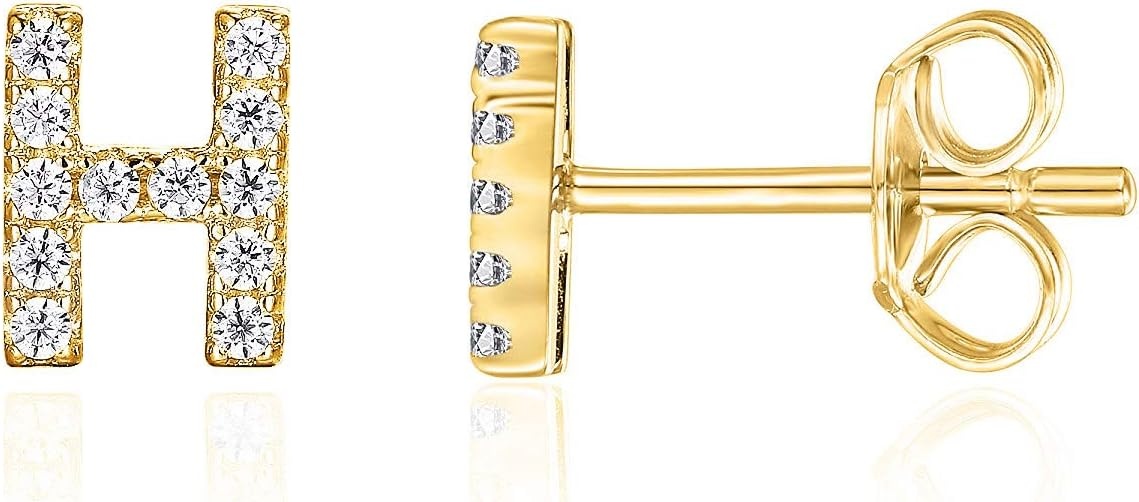image:imagePAVOI 14K Gold Plated 925 Sterling Silver Cubic Zirconia Initial Letter Stud Earrings for Women Simulated Diamond Alphabet Letter Earrings H