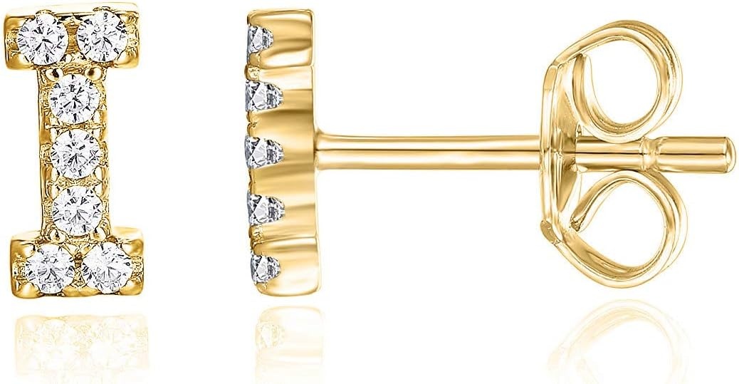 image:imagePAVOI 14K Gold Plated 925 Sterling Silver Cubic Zirconia Initial Letter Stud Earrings for Women Simulated Diamond Alphabet Letter Earrings I
