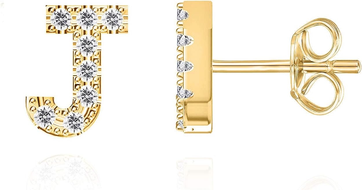 image:imagePAVOI 14K Gold Plated 925 Sterling Silver Cubic Zirconia Initial Letter Stud Earrings for Women Simulated Diamond Alphabet Letter Earrings J