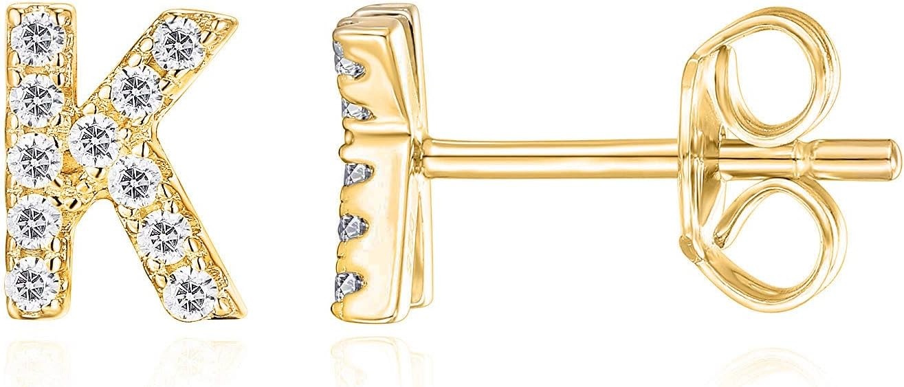 image:imagePAVOI 14K Gold Plated 925 Sterling Silver Cubic Zirconia Initial Letter Stud Earrings for Women Simulated Diamond Alphabet Letter Earrings K