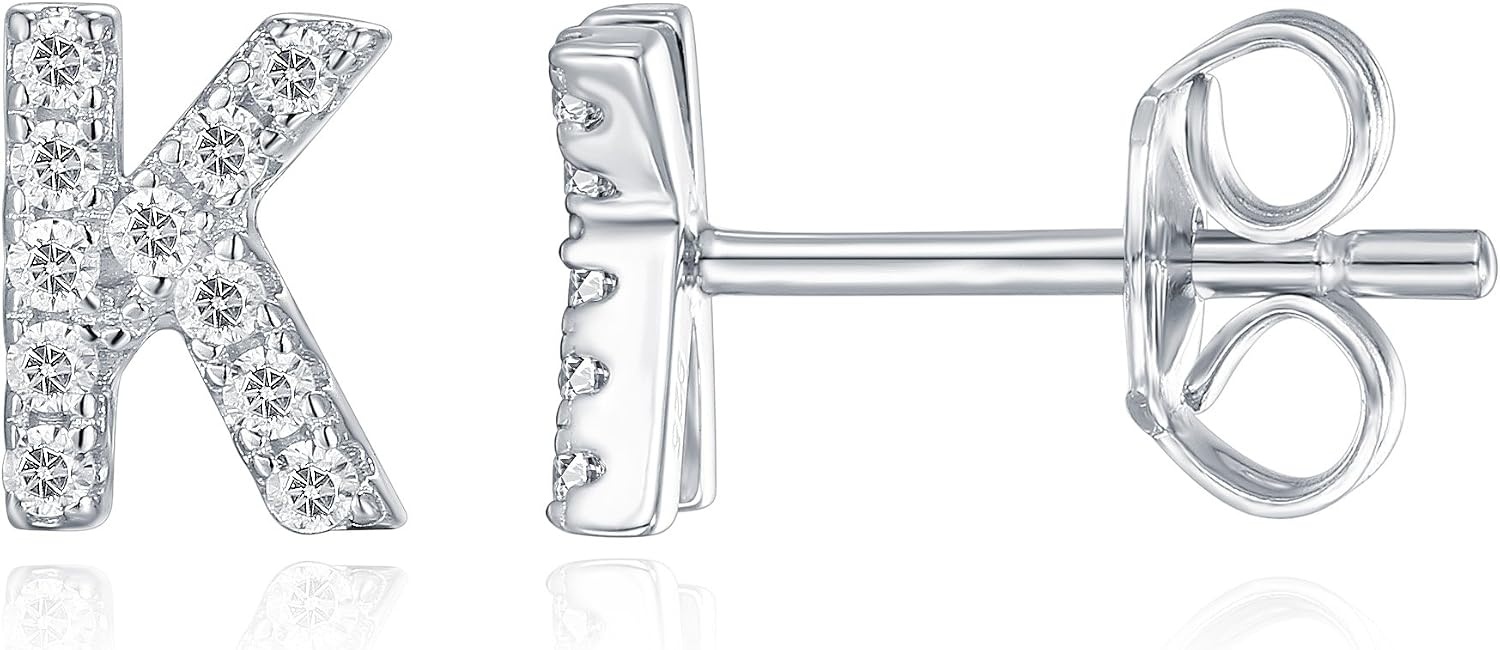 image:imagePAVOI 14K Gold Plated 925 Sterling Silver Cubic Zirconia Initial Letter Stud Earrings for Women Simulated Diamond Alphabet Letter Earrings K