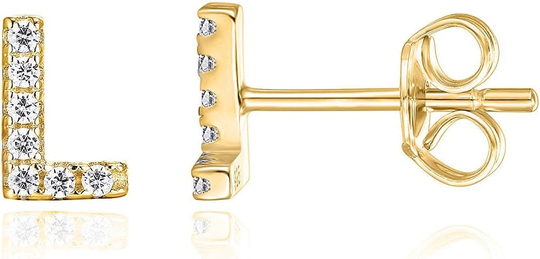 image:imagePAVOI 14K Gold Plated 925 Sterling Silver Cubic Zirconia Initial Letter Stud Earrings for Women Simulated Diamond Alphabet Letter Earrings L