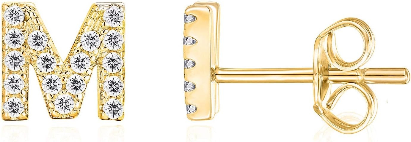 image:imagePAVOI 14K Gold Plated 925 Sterling Silver Cubic Zirconia Initial Letter Stud Earrings for Women Simulated Diamond Alphabet Letter Earrings M