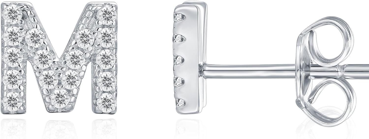 image:imagePAVOI 14K Gold Plated 925 Sterling Silver Cubic Zirconia Initial Letter Stud Earrings for Women Simulated Diamond Alphabet Letter Earrings M