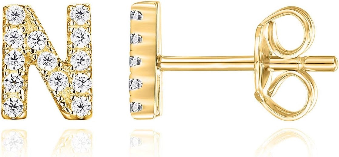 image:imagePAVOI 14K Gold Plated 925 Sterling Silver Cubic Zirconia Initial Letter Stud Earrings for Women Simulated Diamond Alphabet Letter Earrings N