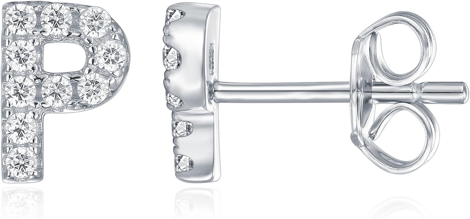 image:imagePAVOI 14K Gold Plated 925 Sterling Silver Cubic Zirconia Initial Letter Stud Earrings for Women Simulated Diamond Alphabet Letter Earrings P