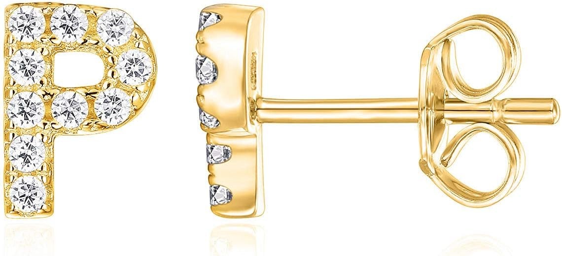 image:imagePAVOI 14K Gold Plated 925 Sterling Silver Cubic Zirconia Initial Letter Stud Earrings for Women Simulated Diamond Alphabet Letter Earrings P