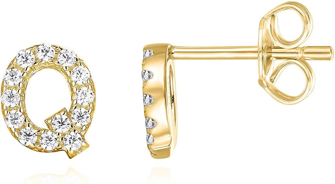 image:imagePAVOI 14K Gold Plated 925 Sterling Silver Cubic Zirconia Initial Letter Stud Earrings for Women Simulated Diamond Alphabet Letter Earrings Q