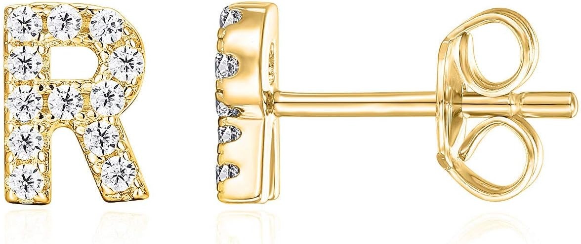 image:imagePAVOI 14K Gold Plated 925 Sterling Silver Cubic Zirconia Initial Letter Stud Earrings for Women Simulated Diamond Alphabet Letter Earrings R