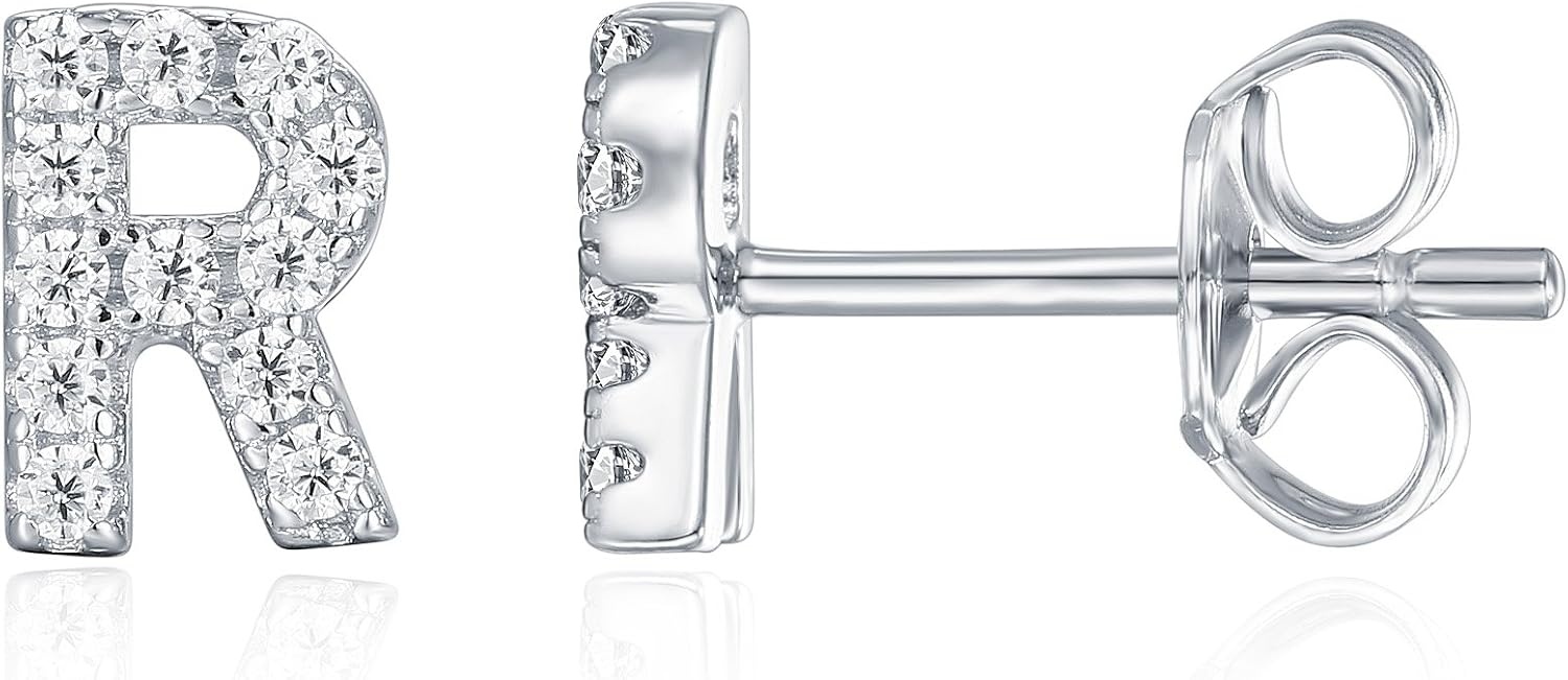 image:imagePAVOI 14K Gold Plated 925 Sterling Silver Cubic Zirconia Initial Letter Stud Earrings for Women Simulated Diamond Alphabet Letter Earrings R