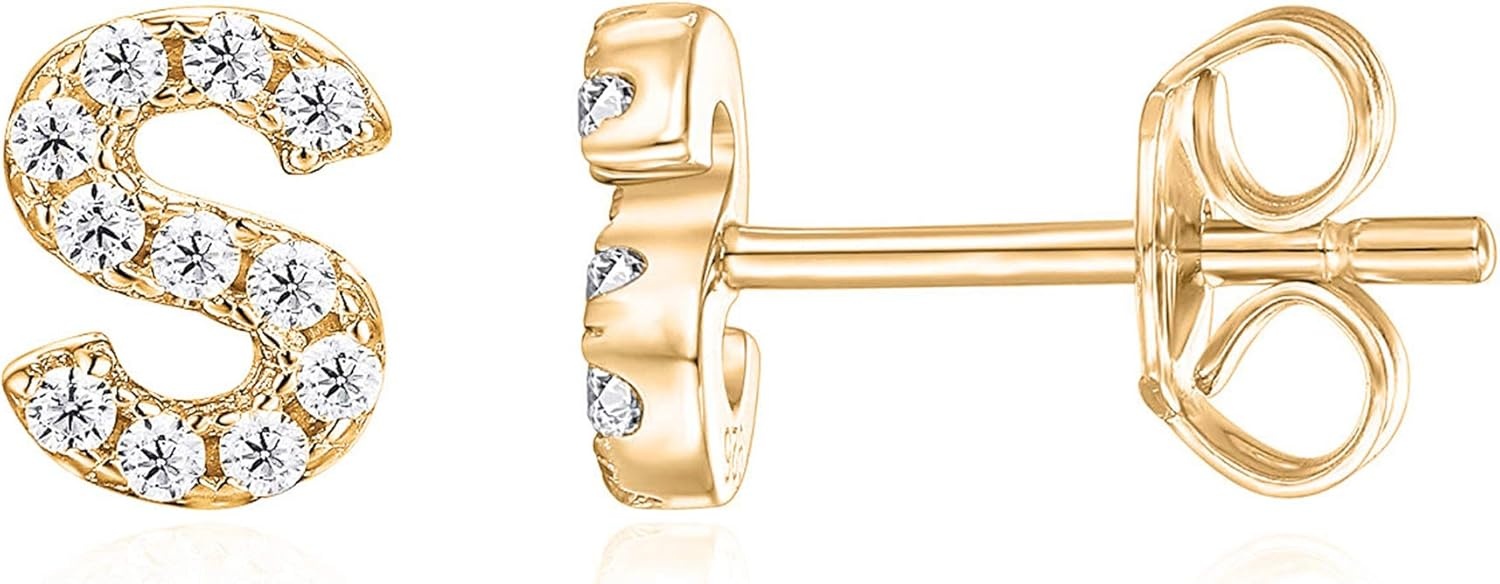 image:imagePAVOI 14K Gold Plated 925 Sterling Silver Cubic Zirconia Initial Letter Stud Earrings for Women Simulated Diamond Alphabet Letter Earrings S