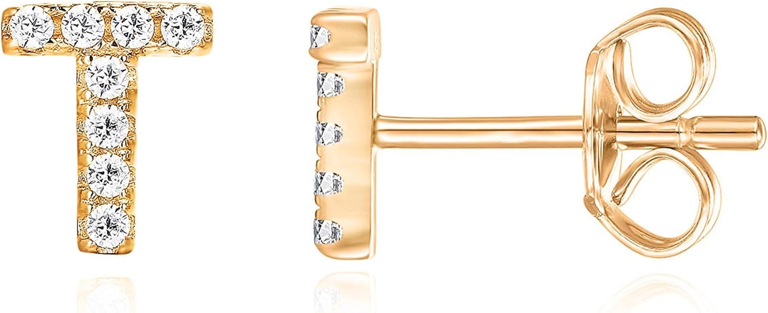 image:imagePAVOI 14K Gold Plated 925 Sterling Silver Cubic Zirconia Initial Letter Stud Earrings for Women Simulated Diamond Alphabet Letter Earrings T