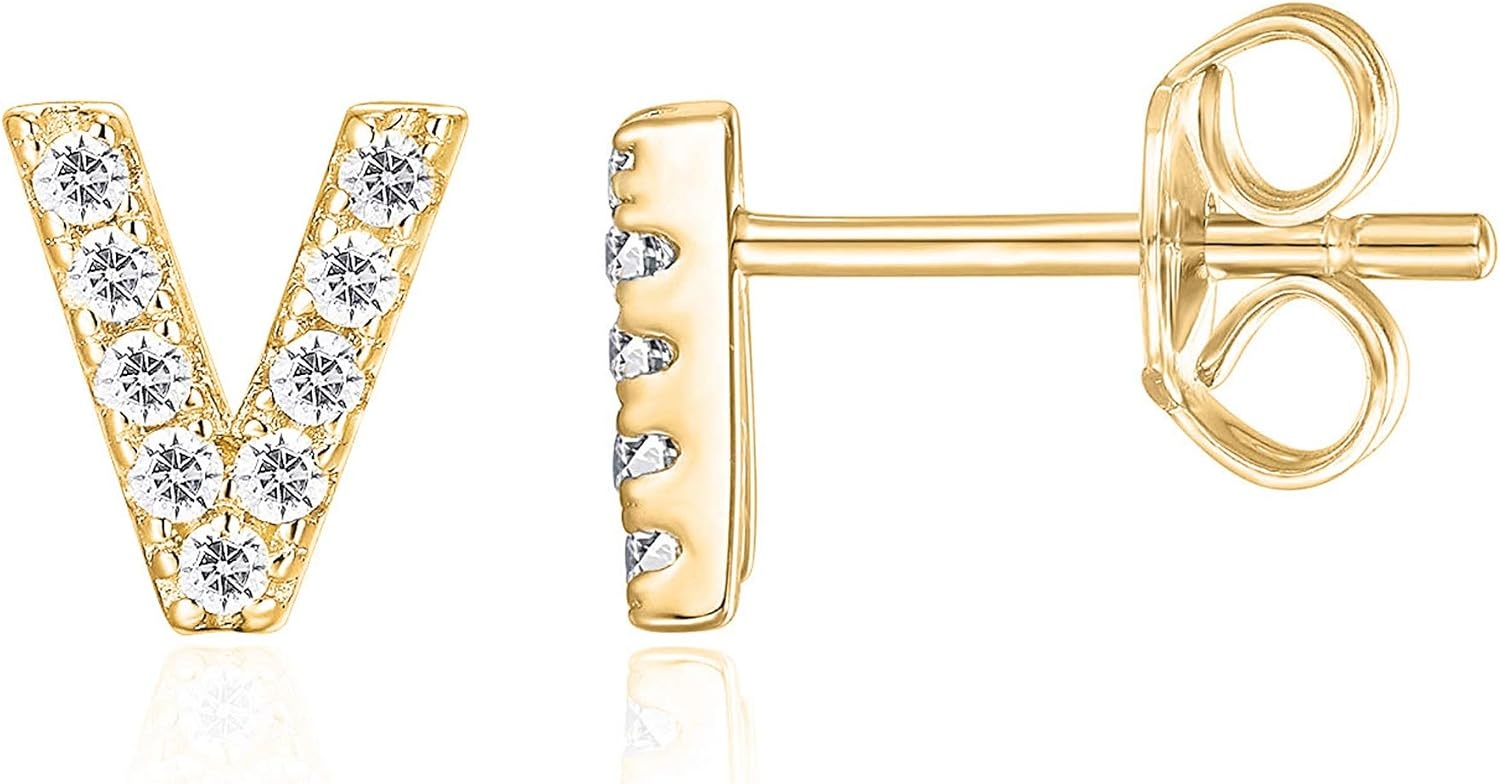 image:imagePAVOI 14K Gold Plated 925 Sterling Silver Cubic Zirconia Initial Letter Stud Earrings for Women Simulated Diamond Alphabet Letter Earrings V
