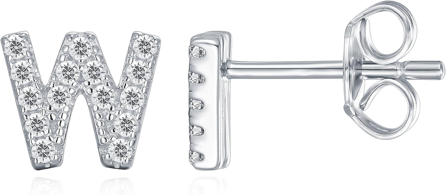 image:imagePAVOI 14K Gold Plated 925 Sterling Silver Cubic Zirconia Initial Letter Stud Earrings for Women Simulated Diamond Alphabet Letter Earrings W